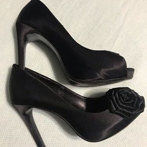 Lulu Townsend - Black Satin High Heels with Rose